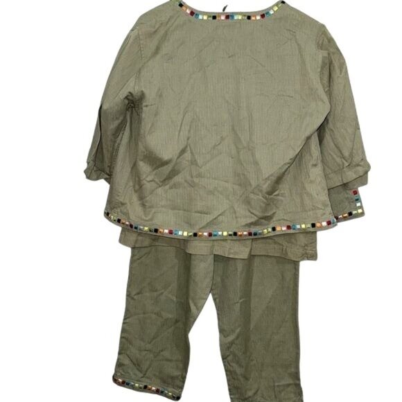 Vintage Womens 3-Piece Olive Green Cotton Ensemble With Beaded Trim - Picture 9 of 13